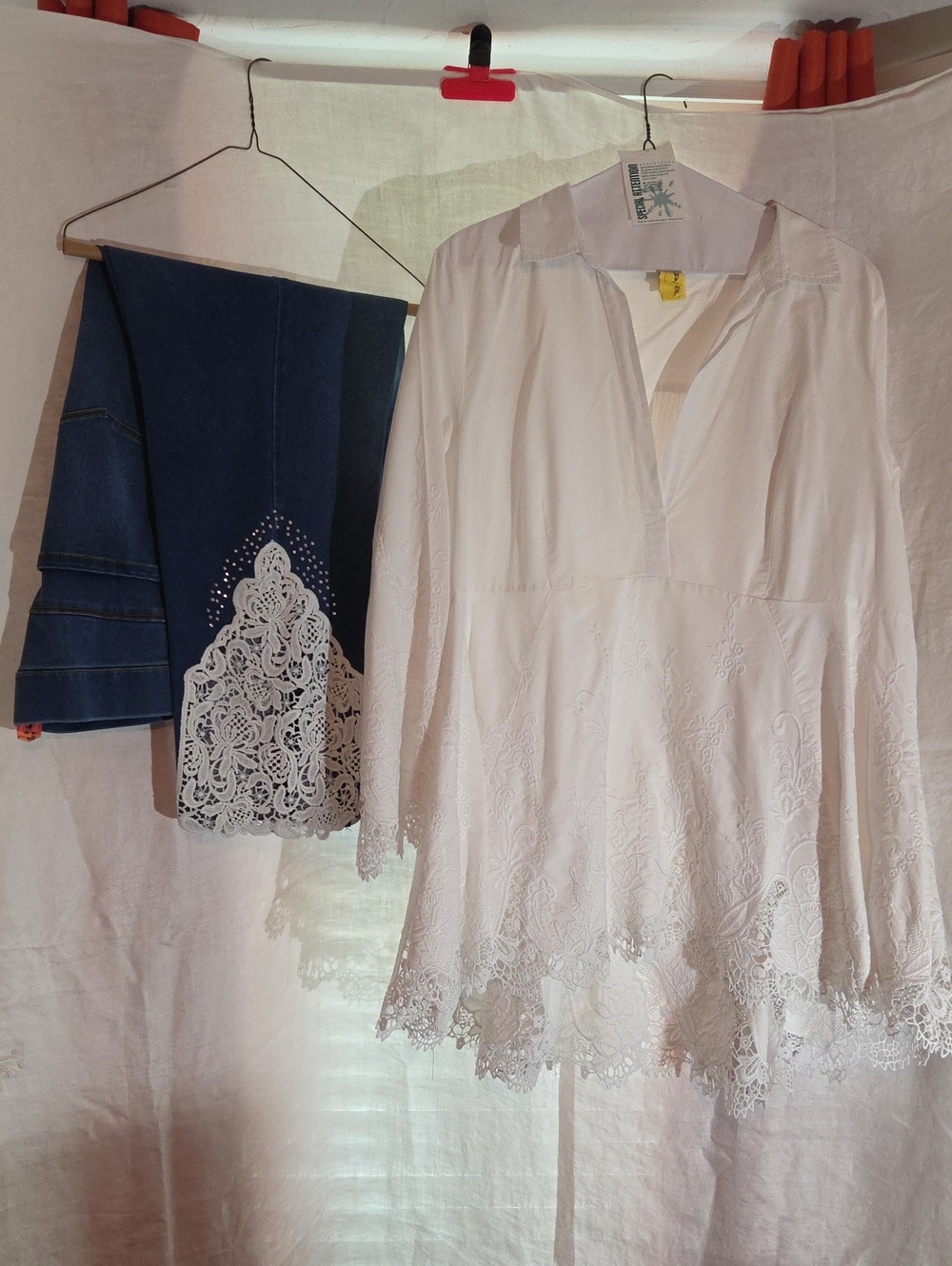 Roaman's White Lace-Trim Tunic with Navy Embellished Pants